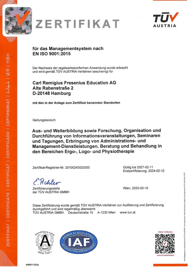 Zertifikat EN ISO 9001:2015 Zertifikat DIN EN ISO 9001:2015 verliehen an die Akademie Fresenius